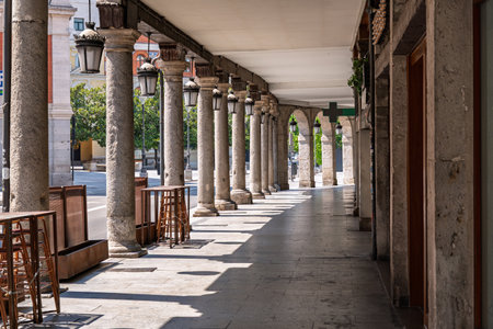 Valladolid, Spain â Ancient stone columns in CebaderÃ­a Street, surrounded by traditional shops and local commerce.の写真素材