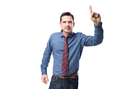 Man wearing a blue shirt and red tie. He is poiting up with his fingerの写真素材