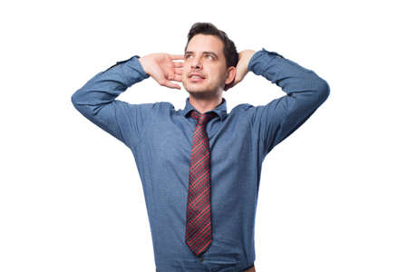 Man wearing a blue shirt and red tie. He looks confidentの写真素材
