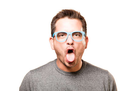 Man with grey outfit and glasses. Looking funny.