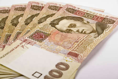 Close up of ukrainian money. Selective focus.の写真素材
