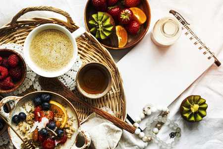 Fruity breakfast set with note asideの写真素材