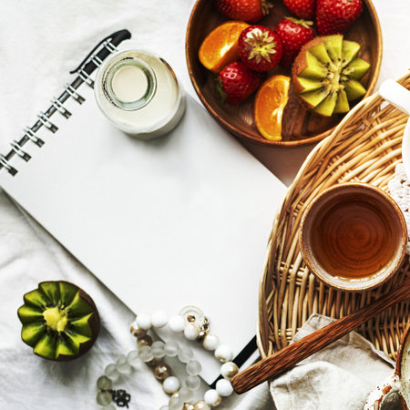 Fruity breakfast set with note asideの写真素材