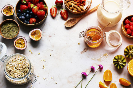 Healthy oatmeal with fruits and nutsの写真素材
