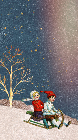 Vintage kids on sleigh , winter designの写真素材