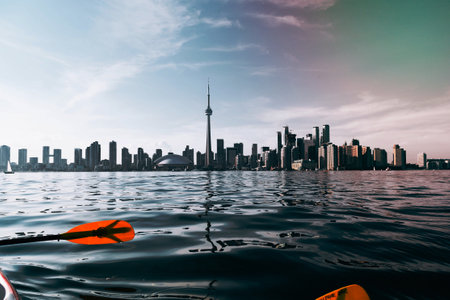 view of Toronto Harbourfront from a canoeの写真素材