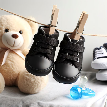 Baby shoes, pacifier and teddy bear on clothlineの写真素材