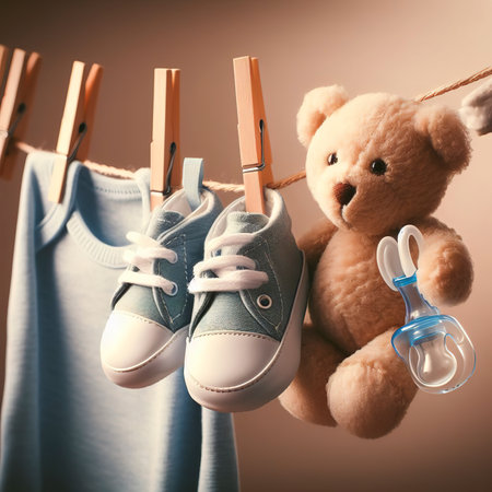 Baby shoes, pacifier and teddy bear on clothlineの写真素材