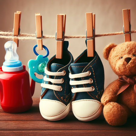 Baby shoes, pacifier and teddy bear on clothlineの写真素材