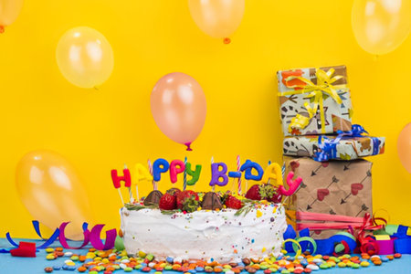 a white frosted cake with strawberries on top and colorful letters spelling happy birthday sits on a blue table surrounded by confetti and toys with presents and balloons in the background