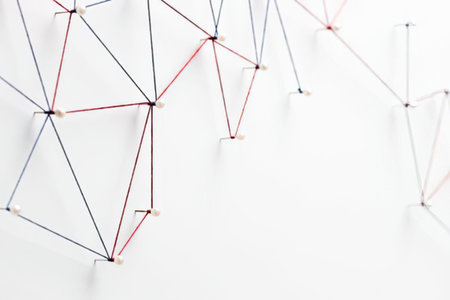a complex network of interconnected lines and points in red and blue on a white background, resembling a molecular structure or a map of connections