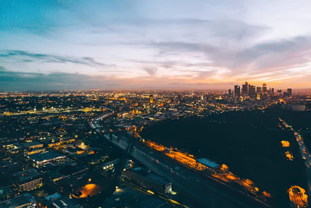 Aerial view of Frankfurt am Main skyline at dusk, Germany.