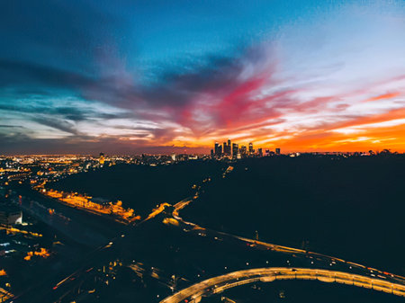 Aerial view of cityscape at sunset time