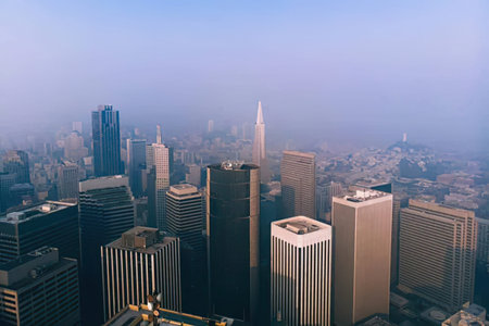 Aerial view of skyscrapers and buildings in the fog.