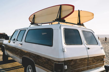 Camper van with surfboards on the beach at sunset in California