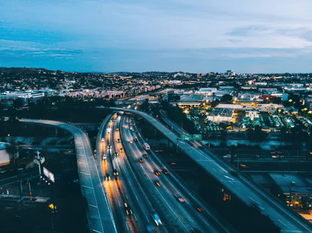 Aerial view of night traffic in downtown Los Angeles, California.