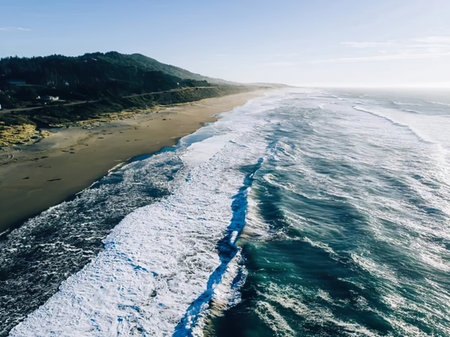 Aerial view of the Pacific Ocean coastline in California, USA.