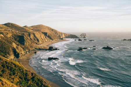 Aerial view of the Pacific Ocean Coast in California, USA.