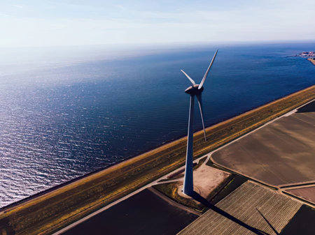 Aerial view of a wind turbine on a wind farm in Holland