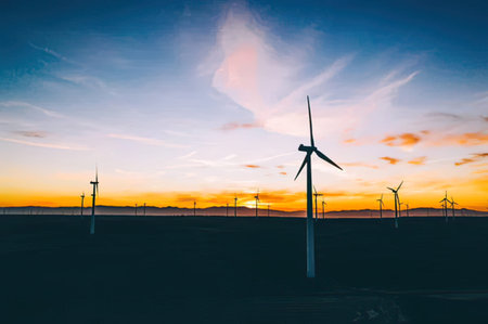 Windmills for electric power production at sunset, Zaragoza Province, Aragon, Spain.