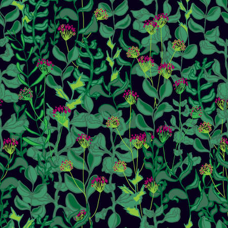 vector seamless pattern herbs, branches, flowers and stems with leaves. Background, wallpaper, fabric, textile, packaging, paperのイラスト素材
