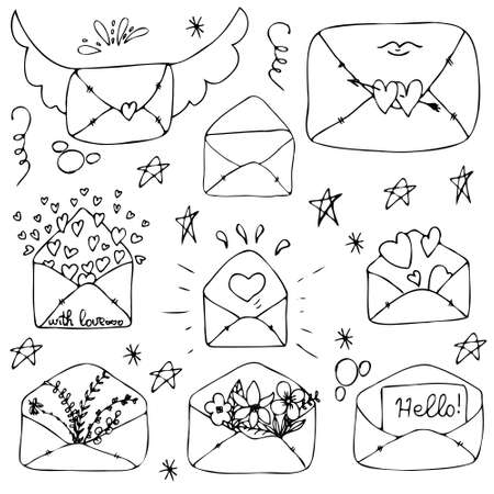 envelopes vector set of mail items isolated elements. Mail with hearts, flowers, letter helloのイラスト素材