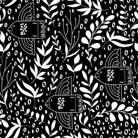 seamless pattern of birds in the forest from branches of herbsの写真素材