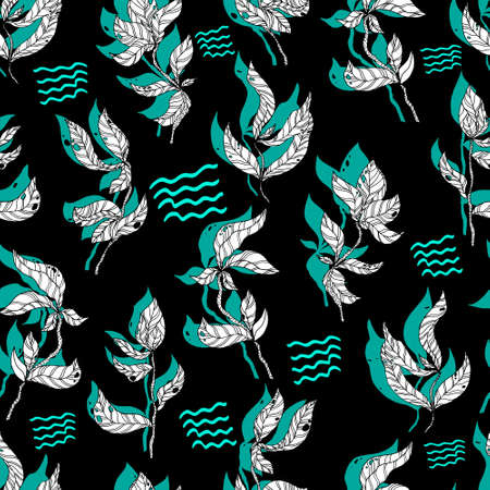 leaves on wooden twigs seamless pattern white and green with shadow