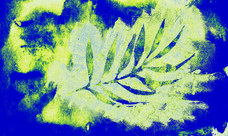 textured stencil twigs with leaves. White on a blue background. Brush masks, sponge, prints, stamps.の写真素材