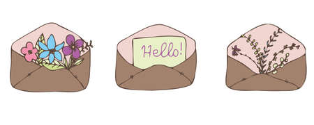 vector set of envelopes with flowers isolatedのイラスト素材