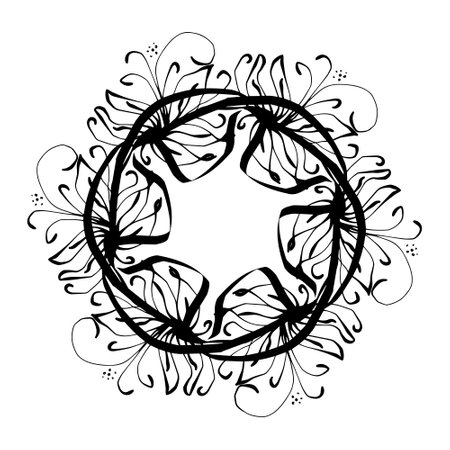 wreath of branches with leaves and flowers. Vector isolated contour decorative squiggle wreath for invitation card frame for weddings and cardsのイラスト素材