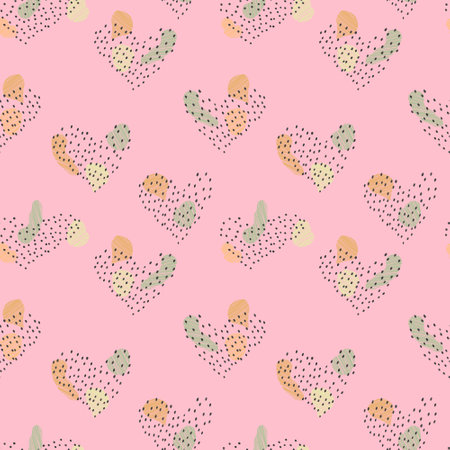 vector seamless pattern of colored spots with lines and hearts with polka dots. beige on colored...