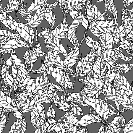 leaves on wooden twigs vector seamless pattern whiteの写真素材