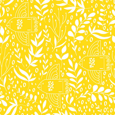 seamless pattern of birds in the forest from branches of herbs and bushes. Botanical illustration for fabrics, papersのイラスト素材