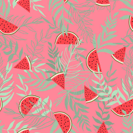 Watermelons, tropical palm leaves, seamless vector floral pattern, summer background