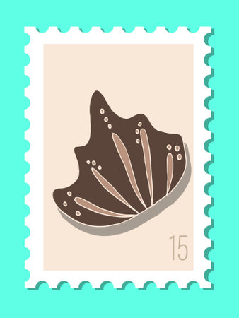 Vector beautiful hand drawn post stamp. Modern vector isolated post stamp design. Seashells and stars post stamp. Mail and post office conceptual drawing.のイラスト素材
