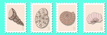 Vector beautiful set of 4 pieces hand drawn post stamps. Modern vector isolated post stamps design....