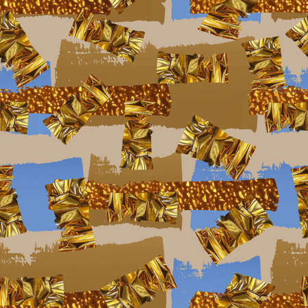 collage with watercolor brush strokes and gold texture. Abstract gold foil spot shapes seamless vector pattern. Shiny metallic golden marks. Colorful lines, spots and dots.の写真素材
