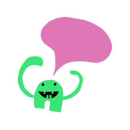 Halloween joyful smiling green monster with teeth and pink speech bubbleのイラスト素材