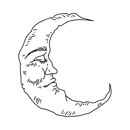 Vector graphic Crescent with face, hand drawn in engraving style. astrology, alchemy and magic symbol. Isolated vector illustration. Boho chic tattoo, poster, altar veil, tapestry or fabric printのイラスト素材