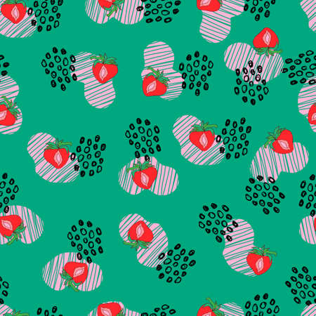 strawberry berry vector seamless pattern with dots and abstract spots on background