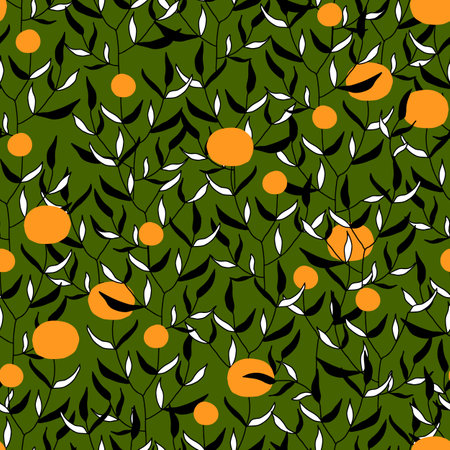 leaves on twigs. branch with berries and foliage vector seamless pattern black, white, orangeのイラスト素材