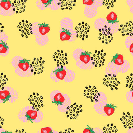 strawberry berry vector seamless pattern with dots and abstract spots on backgroundのイラスト素材