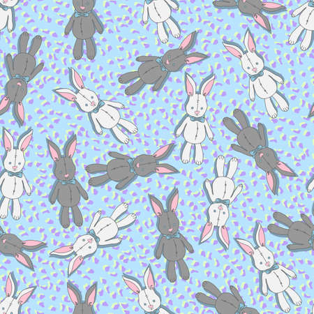 vector seamless pattern white and gray rabbits doll toys with bows and eyes with buttons on a background of colored spots. Background for nursery, children's things, fabrics, prints.のイラスト素材