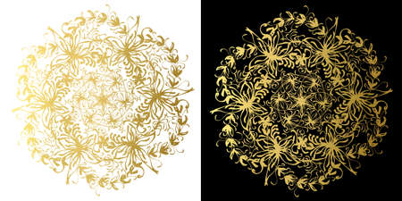 golden wreaths of branches with leaves on a black and white background. Vector isolated contour decorative wavy wreath for frame wedding invitations and greeting cardsのイラスト素材