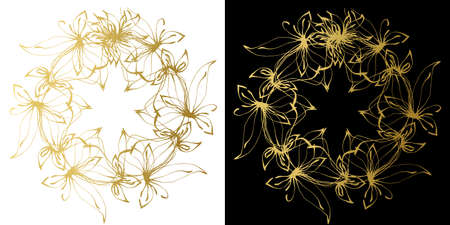 golden wreaths of branches with leaves on a black and white background. Vector isolated contour decorative wavy wreath for frame wedding invitations and greeting cardsのイラスト素材