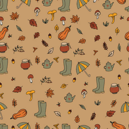 vector set of hand drawn doodle autumn illustrations. Harvest festival. Fall party invitation banner. Happy Thanksgiving card decor. Umbrella, boots, mushrooms and leavesのイラスト素材