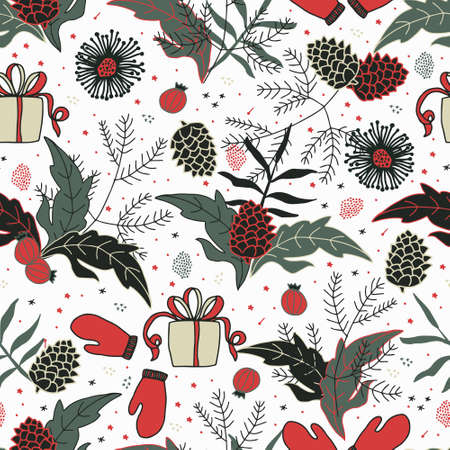 Christmas and New Year vector seamless pattern. Spruce branches, pine cones, poinsettia Christmas star leaves, holly holly berries, gifts and mittens. For packaging and postcardsの写真素材