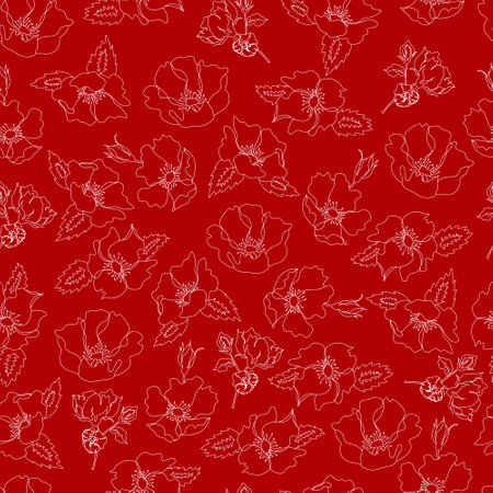 vector seamless pattern contour floral with opened leaves and buds on a contrasting background. Botanical illustration for fabrics, textiles, wallpapers, papers, backgrounds.のイラスト素材