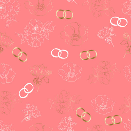 wedding floristic vector seamless pattern with flowers and rings. For wrapping paper, invitations and greetingsのイラスト素材